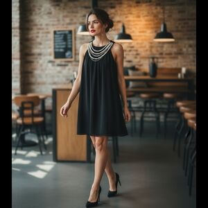 London Times Chic LBD Shift Dress with Attached Pearl and Chain Necklace